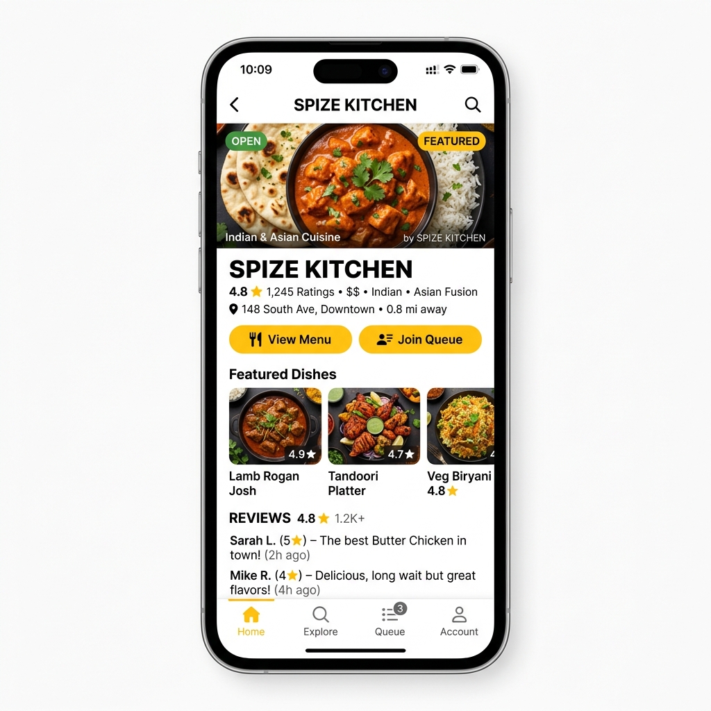 Restaurant profile listing on Y-Queue app mockup